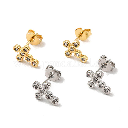 Rack Plating Brass Micro Pave Clear Cubic Zirconia Cross Stud Earrings EJEW-F301-28-1