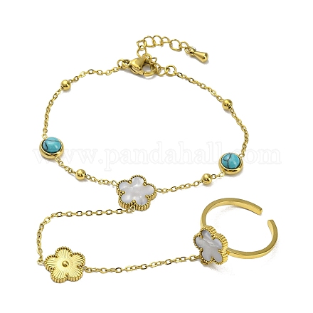 Synthetic Turquoise Half Round Link Chains Bracelet with Synthetic Shell Flower Open Cuff Ring BJEW-H324-04G-1