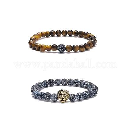 2 pièces 2 style agate patinée naturelle (teinte) et œil de tigre bracelets extensibles perlés ronds sertis de lion en alliage BJEW-JB08654-1