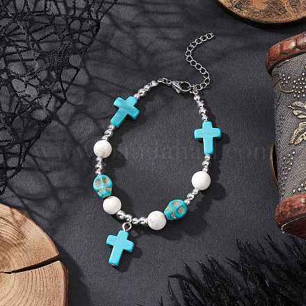 Браслеты с подвесками в виде черепа из латуни с синтетической бирюзой BJEW-JB12192-01-1