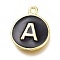 Brass Enamel Pendants, Long-Lasting Plated, Black, Golden, Flat Round, Letter.A, 16.5x13x2mm, Hole: 1.5mm