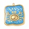304 Stainless Steel Epoxy Resin with Natural Shell and Sequins Inside Pendants, Square with Crab Charms, Real 18K Gold Plated, PVD Vacuum Plating, Deep Sky Blue, 25.5x22x3mm, Hole: 1.5mm