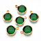 K9 Glass Charms, Flat Round, with Brass Findings, Faceted, Real 18K Gold Plated, Green, 13.5~14x10.5~11x3.5~4mm, Hole: 1.8mm