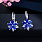 Brass Cubic Zirconia Hoop Earrings, Flower, Platinum, Medium Blue, 24x12mm