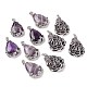 Teardrop with Flower Platinum Plated Brass Natural Amethyst Pendants G-F228-37F-RS-3