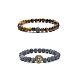 2 pièces 2 style agate patinée naturelle (teinte) et œil de tigre bracelets extensibles perlés ronds sertis de lion en alliage BJEW-JB08654-1