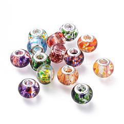 Perline di vetro europeo verniciatura a spruzzo, con anime in ottone placcato color argento, perline con foro grande, rondelle, colore misto, 14~15x9.5~11mm, Foro: 5 mm