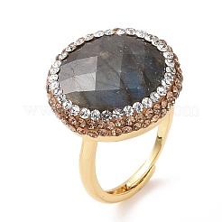 Натуральное лабрадоритовое плоское круглое регулируемое кольцо со стразами RJEW-A011-04G