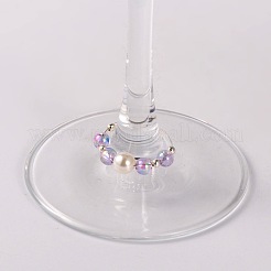 透明なアクリルビーズのワイングラスチャーム  模造アクリルパールビーズと真鍮フープピアスと  プラチナ  ライラック  29mm  ピン：0.7mm&nbsp;AJEW-JO00019-01