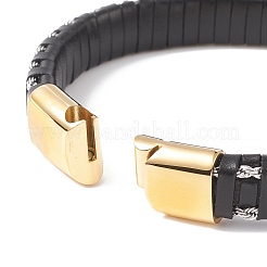 レザー編み込みコードブレスレット  304ステンレススチール製マグネット留め具  長方形  ゴールドカラー  ブラック  8-5/8インチ（22cm）  12x6mm&nbsp;BJEW-E345-15-G