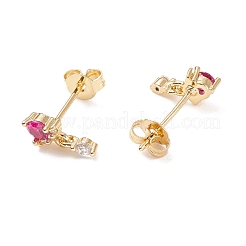 Темно-розовые плоские круглые серьги-гвоздики с кубическим цирконием EJEW-C029-03G