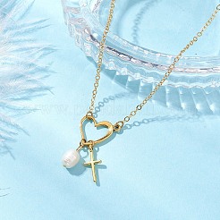 2 шт. 2 цвета нержавеющая сталь и АБС искусственный жемчуг ожерелья в форме сердца крест для женщин NJEW-JN05201