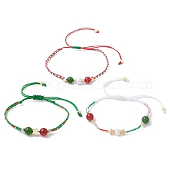 3 pièces 3 styles noël 8mm rond teint naturel malaisie jade et cornaline naturelle et perles de rocaille de verre bracelets de perles tressées&nbsp;BJEW-MZ00070