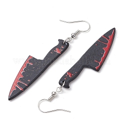 ハロウィーンプリントのアクリルダングルイヤリング  鉄のピアスフック  ナイフチャーム  プラチナ  ブラック  70x14mm&nbsp;EJEW-JE06124-07