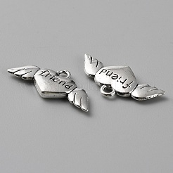 合金のチベット風チャーム  言葉のチャームが付いたハートの翼  アンティークシルバー  12.5x26.5x3mm  穴：2mm&nbsp;FIND-CJC0017-41
