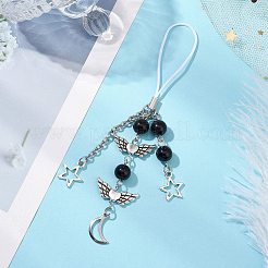 天然石風アクリル携帯ストラップ  合金チャーム  ハート 翼 月 星  ブラック  130mm&nbsp;HJEW-JM02637-02