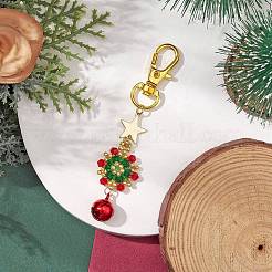 クリスマスリース ガラスシードペンダント ベル付きデコレーション  バッグの鍵飾り用の合金製回転留め金チャーム  レッド  80mm&nbsp;HJEW-MZ00077-02