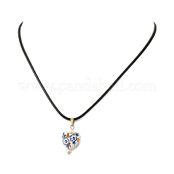 Collier pour femme avec pendentif en porcelaine imprimée en forme de cœur et cordon ciré noir&nbsp;NJEW-JN06482