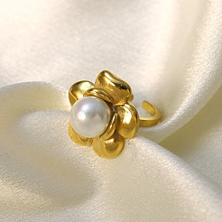 Anillos abiertos tipo brazalete de acero inoxidable 304 y perlas de imitación para mujer.&nbsp;FS-WG8B2EB-01