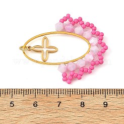 楕円形の真鍮製ペンダント  ガラスビーズと304ステンレススチール製の小さな十字架チャーム付き  ゴールドカラー  ピンク  36x30.5x4.5mm  穴：3.5mm&nbsp;PALLOY-MZ01417-02