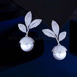 Серьги-гвоздики с листом и круглыми латунными микропаве из прозрачных кубических цирконий&nbsp;FS-WGD9583-01