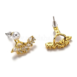 真鍮製マイクロパヴェクリアキュービックジルコニアフロントバックスタッドピアス  アクリル模造パールとピアスキャッチ  馬の目  ホワイト  18KGP本金メッキ  16x20x8mm  ピン：0.5mm&nbsp;EJEW-H123-03G