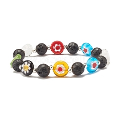 Bracciale elasticizzato in pietra lavica naturale e perle di vetro millefiori&nbsp;BJEW-JB07489