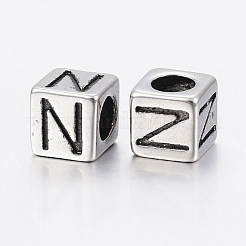 304 ステンレススチール 大きな穴文字 ヨーロッパ ビーズ  文字.n付きのキューブ  アンティークシルバー  8x8x8mm  穴：5mm&nbsp;X-STAS-H428-01AS-N
