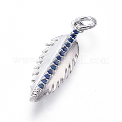 真鍮製マイクロパヴェキュービックジルコニアペンダント  丸カン付き  羽  ブルー  ミックスカラー  22x7x3.5mm  穴：3mm&nbsp;ZIRC-I032-23