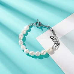 Браслет из натурального барочного жемчуга с цепочками-скрепками из нержавеющей стали 304 для женщин BJEW-JB08970