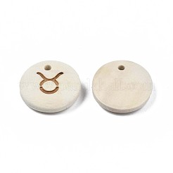 レーザーアウトウッドペンダント  星座12個のフラットラウンド  染色されていない  牡牛座  15x4mm  穴：1.6mm&nbsp;WOOD-S053-51F