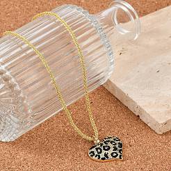 Женские ожерелья с подвеской в виде сердца из латуни с микропаве из прозрачных кубических цирконий и черным леопардовым принтом NJEW-M079-02G