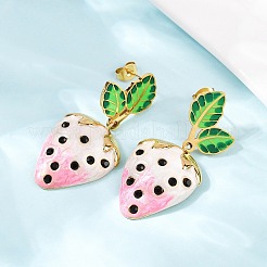 Висячие серьги-гвоздики из нержавеющей стали 304 с эмалированными вставками в виде клубники&nbsp;LS-EJEW-A138-10G-02