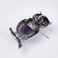天然アメジストブローチ/ペンダント  ラインストーンと合金パーツ  フクロウ  アンティークシルバー  51x28~29x15~16.5mm  穴：4.5x8.5mm  ピン：0.5mm&nbsp;G-S353-05A