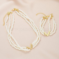Буква v сплав и пластиковые жемчужины круглые бусины многослойные колье и браслеты комплекты FS-WG3C0FB-01