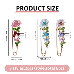 6 шт. 3 стиля броши-булавки из сплава цветов и страз для рюкзака&nbsp;JEWB-FH0002-57