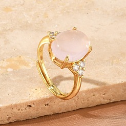 Bagues ouvertes en laiton serties de micro-pavés de zirconiums cubiques et de quartz rose naturel&nbsp;RJEW-T035-01G-L