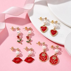 バレンタインデー合金エナメルダングルスタッドピアス、真鍮ピン付き  天然パールビーズドロップイヤリング  混合図形  30~38x9~18mm&nbsp;EJEW-JE05374
