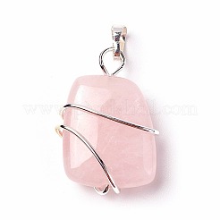 天然石ローズクォーツペンダント  真鍮パーツ  台形  銀色のメッキ  32~33x21~23x10~11mm  穴：8x5mm&nbsp;G-I220-D04
