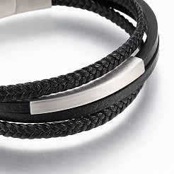 編組マイクロファイバー pu レザー コード マルチ 連 ブレスレット  304ステンレススチール製マグネット留め具付き  ステンレス鋼色  8-1/4インチ（21cm）  4~5mm&nbsp;BJEW-K206-H-01P