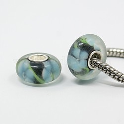 Handmade Inner Flower Lampwork European Beads, with Single Sterling Silver Core, Large Hole Rondelle Beads, Sky Blue, 14x7mm, Hole: 4.5mm