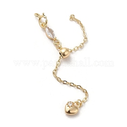 Brass Cable Chain Extender, End Chains with Lobster Claw Clasps & Glass Heart Chain Tabs & Slider Beads, Real 18K Gold Plated, 68mm