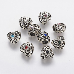 Tibetan Style Alloy Rhinestone European Beads, Large Hole Beads, Hollow Heart, Antique Silver, Mixed Color, 12x12.5x9.5mm, Hole: 5mm