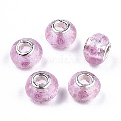 Transparente handgemachte europäische Bunte Malereiperlen, Großloch perlen, mit silberner Farbe Messing-Doppelkerne, Rondell, rosa, 14.5x10 mm, Bohrung: 5 mm