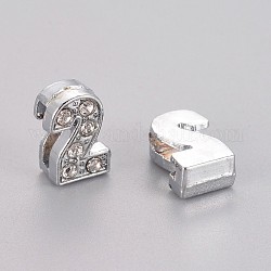Alloy Number Slide Charms, with Rhinestone, Number 2, Platinum Color, 11x4.5x5mm, Hole: 7x1mm