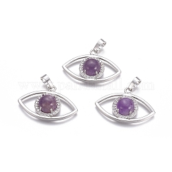 Natural Amethyst Pendants, with Platinum Tone Brass Findings and Crystal Rhinestone, Eye, 21.5x33.3x7.5mm, Hole: 7x5mm