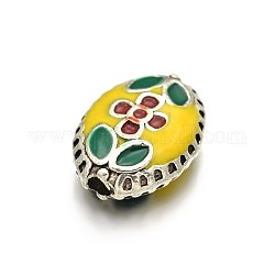 Oval Brass Enamel Beads, Antique Silver, Yellow, 17x13x6mm, Hole: 2mm
