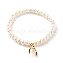 Messing Micro Pave Zirkonia Stretch Charm Armbänder, mit runden natürlichen Perlen, Querlenker, weiß, echtes 18k vergoldet, Innendurchmesser: 2-3/8 Zoll (5.9 cm)