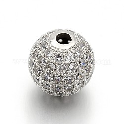 Perles rondes en laiton avec zircone cubique de micro pave, platine, 14mm, Trou: 1.5mm
