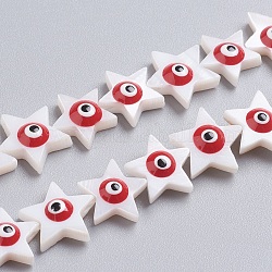 Chapelets de perles de coquillage naturel, avec l'émail, étoile avec un mauvais œil, rouge, 10.5~12x10.5~12x4mm, Trou: 0.6mm, Environ 40 pcs/chapelet, 15.8 pouce (40 cm)